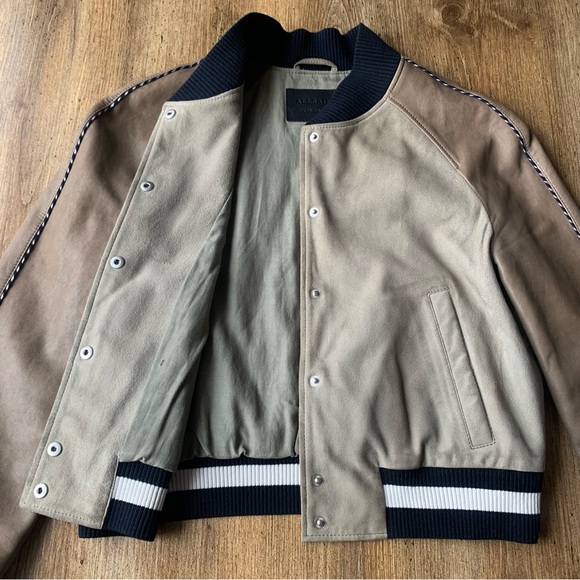All Saints Leather Suede Bomber Jacket Small Womens 6 Beige - Picture 7 of 11